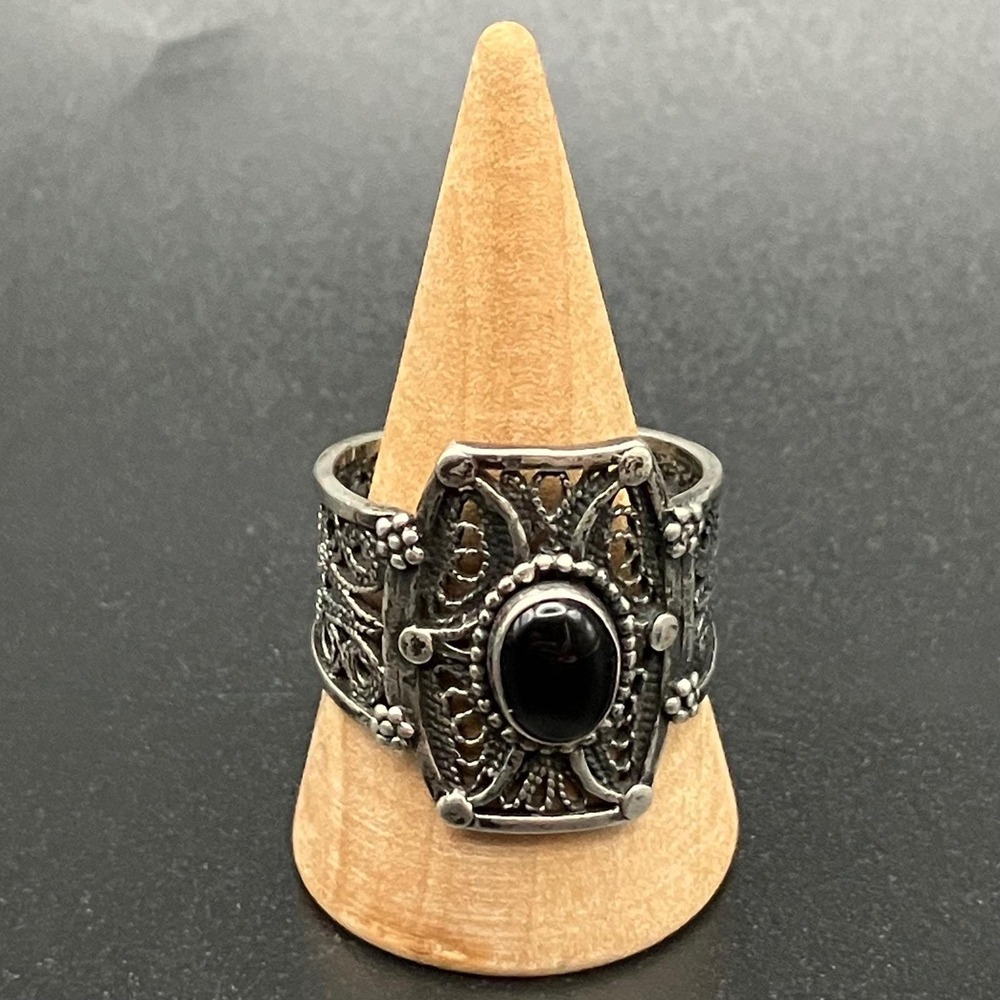 Sterling Silver Filigree Statement Ring Black Cabochon Cannetille Size 9 - Picture 6 of 9